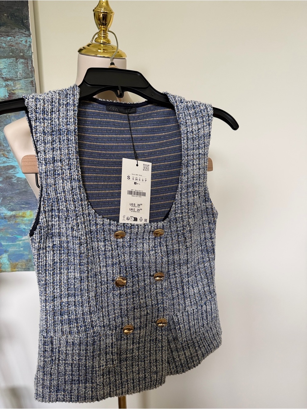 NWT Zara Navy and White Tweed Double-Breasted Vest and Skirt Set